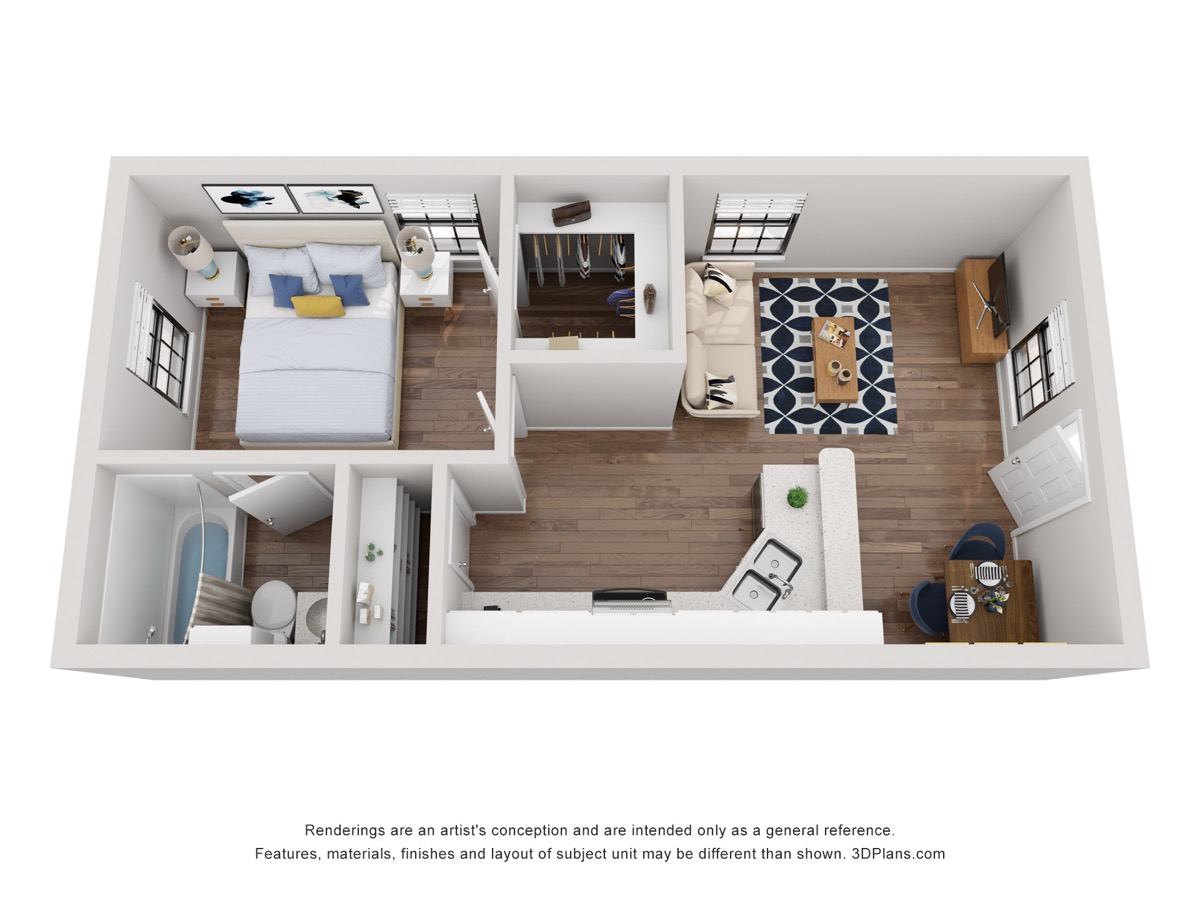 3D floor plan — 1 bedroom, 1 bath apartment at The Crest at River District