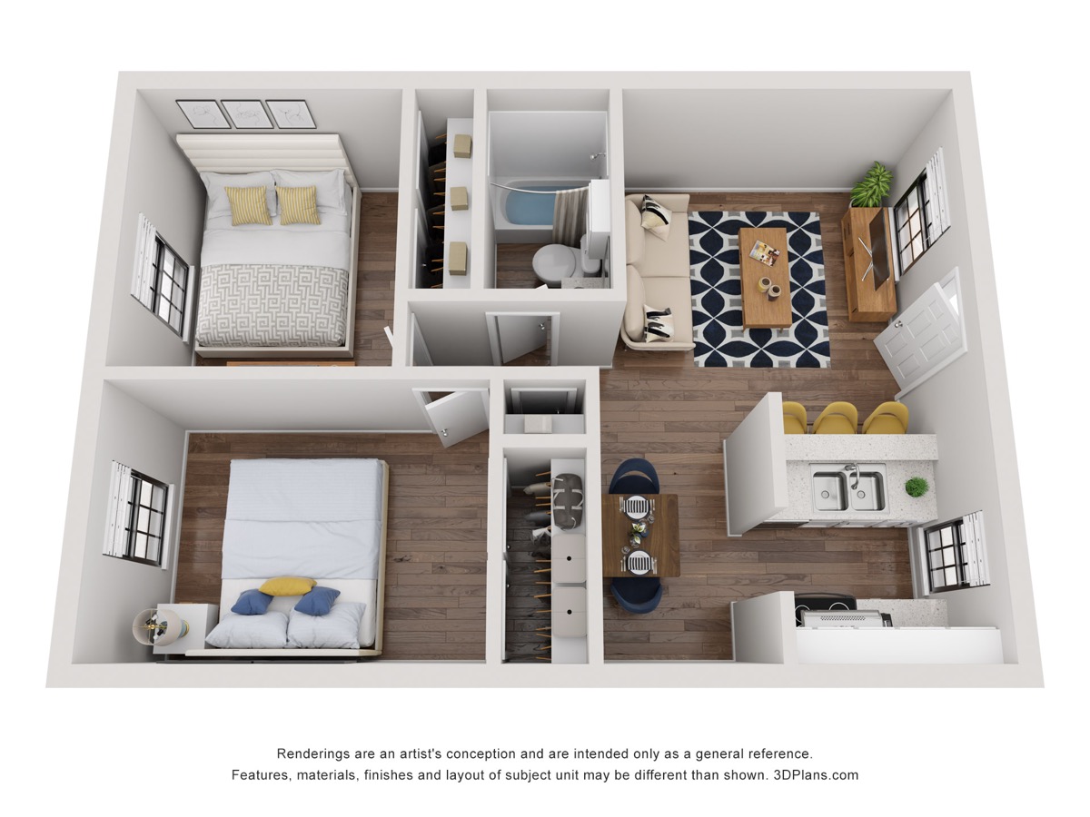 3D floor plan — 2 bedroom, 1 bath apartment at The Crest at River District